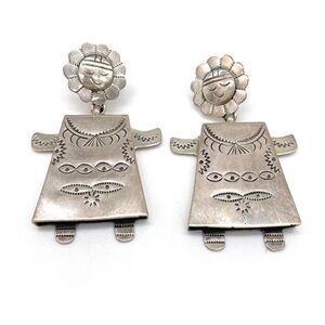 Vintage Mexican K.F. 925 Sterling Silver Figural Woman Earrings Folk Art 20.4g